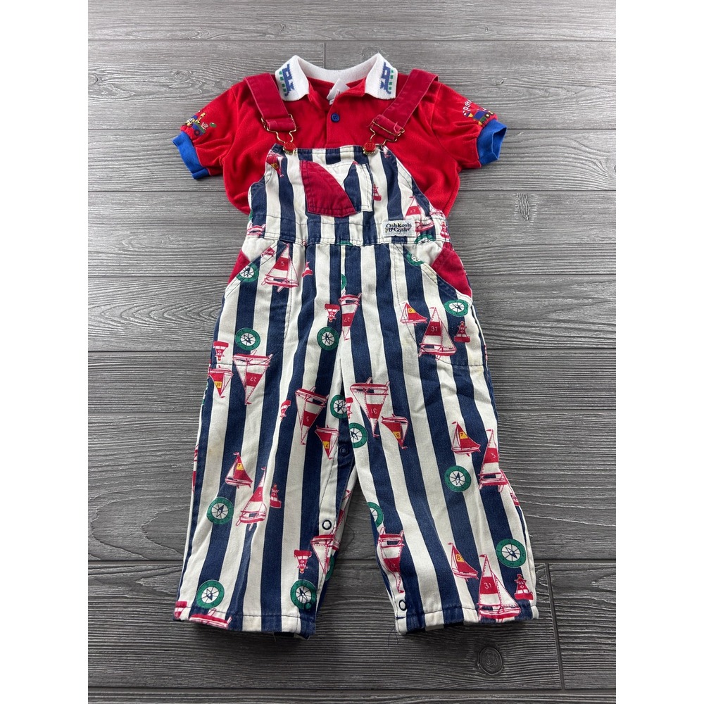 Vintage OshKosh Bgosh Nautical Sailboat Striped Overalls and Red Polo Set